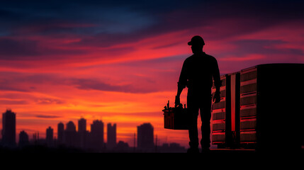 Fototapeta premium Silhouette of HVAC technician working on rooftop air conditioning system against dramatic sunset sky with city skyline background