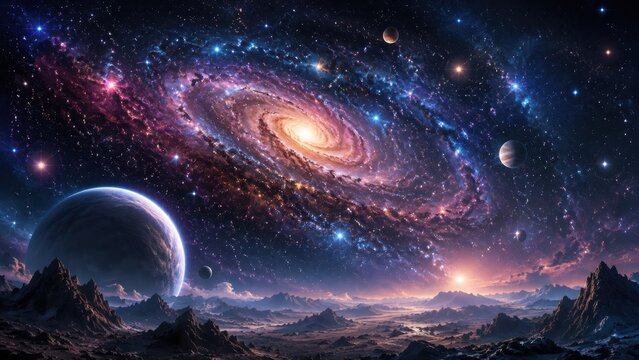 Alien planet landscape with spiral galaxy and distant planets