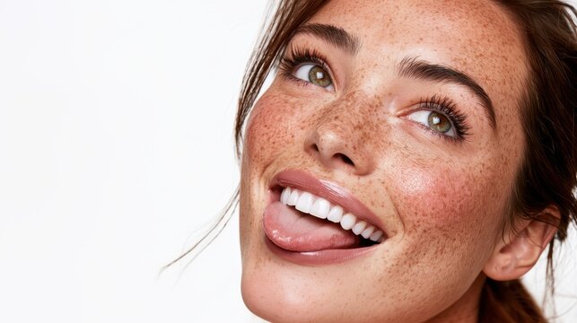 Natural beauty laughing and looking up with playful expression, cheerful young woman showing tongue, authentic person embracing uniqueness and self acceptance with healthy skin