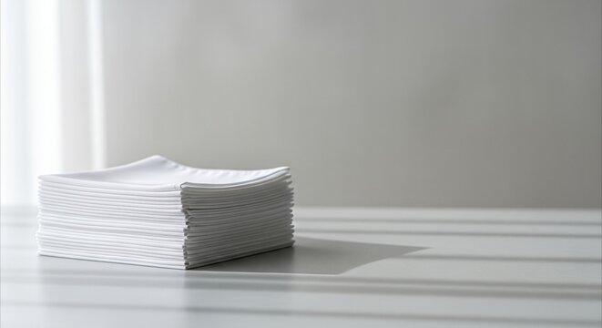 Stack of clean white folded handkerchiefs on a minimal surface, bathed in soft natural light, evoking elegance and simplicity.