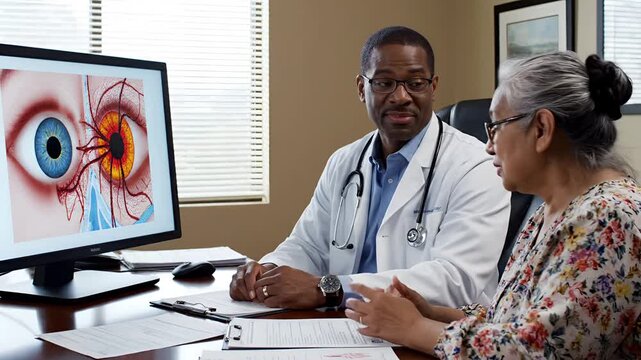Doctor Explains Eye Anatomy to Patient on Computer Screen.
