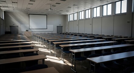 Fototapeta premium Empty modern classroom with rows of desks and chairs bathed in bright sunlight, ready for learning and presentations.