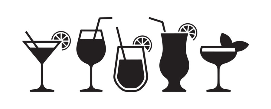 Cocktail icons set with martini glass long drink tropical beverage and garnish silhouettes on white background.