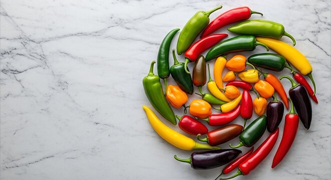 Colorful assorted chili peppers arranged in a spiral pattern on a marble countertop, culinary inspiration and vibrant food photography