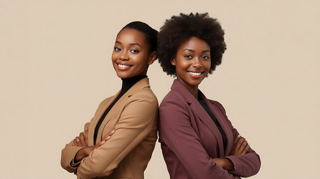 Deux femmes d'affaires noires confiantes debout dos &agrave; dos, bras crois&eacute;s, portant des blazers professionnels sur fond beige neutre
