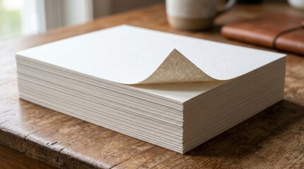 Fototapeta premium Thick stack of blank white textured paper sheets with a curled corner resting on a rustic weathered wooden office desk, creativ3e workspace mockup, new beginning concept template.