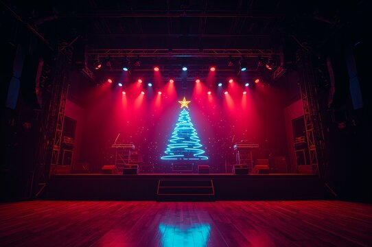 Retro concert stage with glowing neon Christmas tree and festive lights