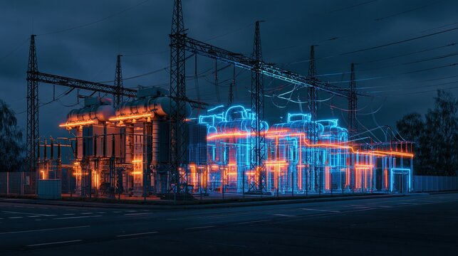 Electric Power Plant at Night, Glowing Blue and Orange Lights