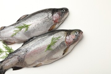 Obraz premium Raw trout fish and dill on white table, flat lay. Space for text
