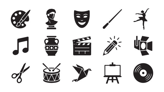 Creative arts entertainment and performance vector icon pack featuring theater masks ballet dancers film cameras pottery music notes