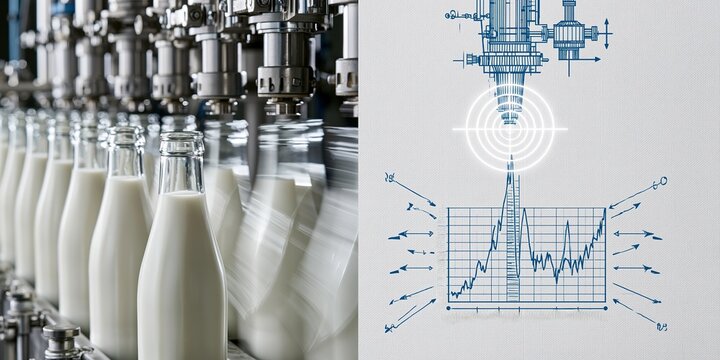 Glass Bottles Filled with Milk in a Dairy Plant