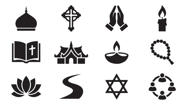 Sacred symbols religion spiritual icon pack featuring mosque dome cross hands prayer candle book temple lotus star rosary