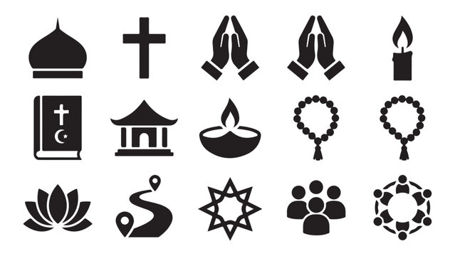 Religious and spiritual symbol vector illustration silhouette icon pack featuring mosque dome cross prayer hands candle diya rosary lotus mandala