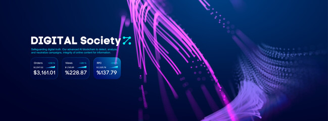 Naklejka na ściany i meble Data background wave with tech ai digital and neuron technology abstract. Music science ripple with pattern blue sound and big network line. Invest webinar cyber with design health dot and flow.