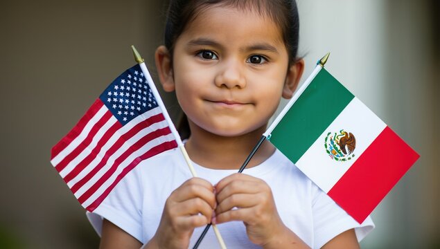Young Hispanic girl proudly holds American and Mexican flags, celebrating her bicultural heritage.  