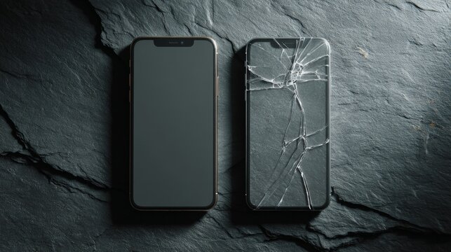 Two smartphones rest on dark, cracked stone. One screen is intact, the other shattered, revealing fractures. Contrast between repair and damage is visually striking. Perfect for themes of loss