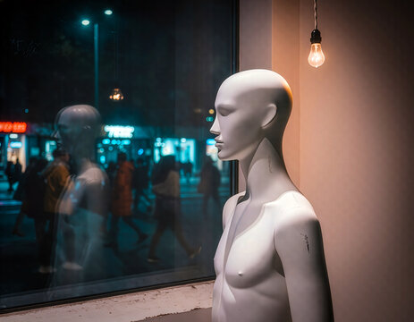 A naked mannequin stands alone in a derelict shop highlighting the concept of declining high street retail with people passing in a window