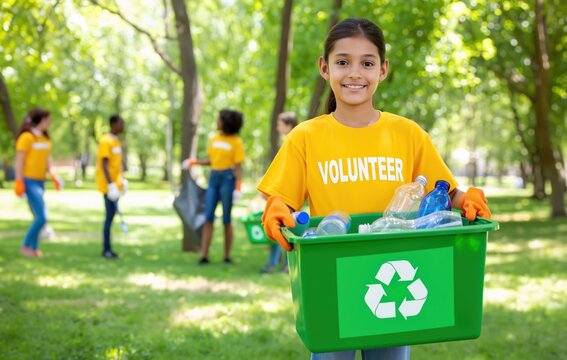 Young Hispanic girl wearing yellow volunteer shirt proudly holds green recycling bin during community cleanup event in sunny park while other volunteers work together 