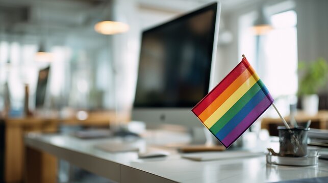 Rainbow pride flag displayed on modern office desk with computer monitor symbolizing workplace diversity and LGBTQ inclusion in corporate environment during Pride month celebration