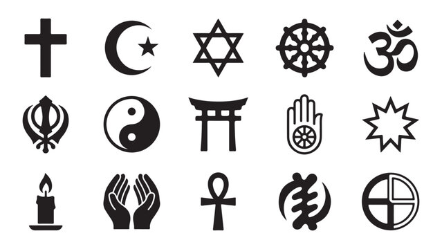 World religion multi faith symbols silhouette icon pack featuring christianity islam judaism buddhism hinduism sikhism taoism wicca ankh celtic knot