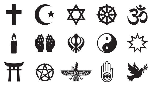 Vector world religion multi faith symbols silhouette icon pack featuring christian islam judaism buddhism hinduism sikhism taoism paganism zoroastrianism