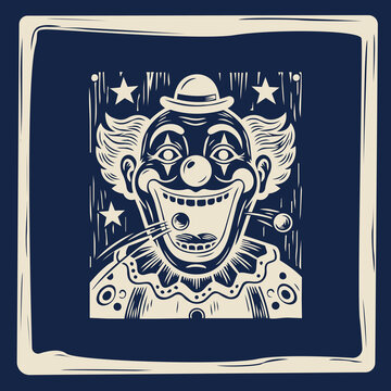 clown mouth target game engraving, traditional quermesse booth attraction woodcut, folk linocut carnival festival graphic