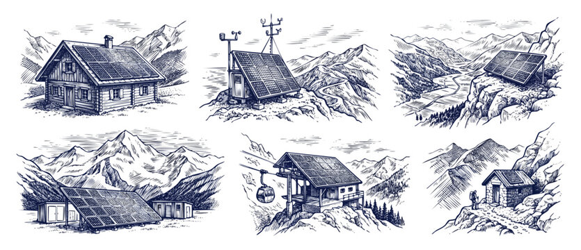 Mountain solar power sketch illustration showing off-grid alpine cabins and sustainable energy stations in clean, hand-drawn vintage engraving style for eco-friendly renewable infrastructure.