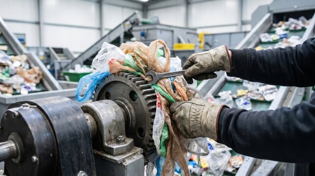 Worker using a wrench to repair a factory gear mechanism jammed with tangled plastic bags