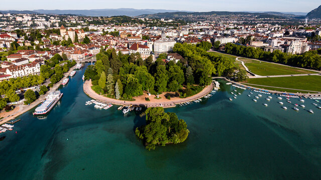 High angle view of a popular alpine resort city with a promenade on a sunny summer day