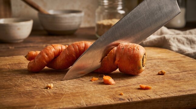 Chef knife chopping a deformed twisted organic carrot on a rustic wooden cutting board