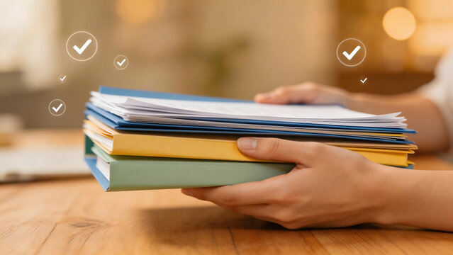 Hands holding colorful folders with documents
