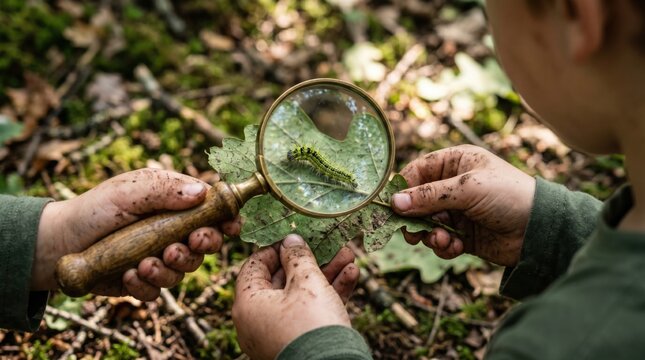 Child exploring nature by looking at a green spiky caterpillar through a magnifying glass
