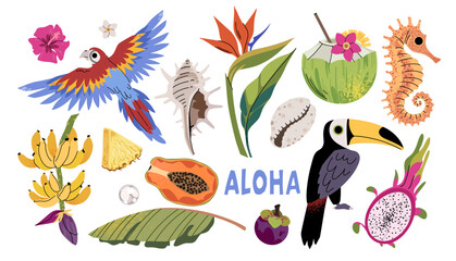 Set of vector jungle stickers in cartoon retro style. Bright summer elements. Exotic tropical leaves, wild animals, birds, parrot, jungle plants, palm trees and fruits. Trendy doodle minimalist printa © Unaanya