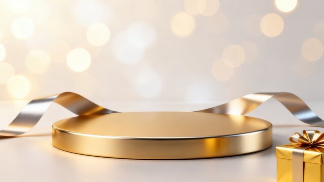 Golden pedestal with ribbon and gift box