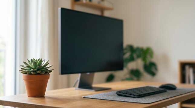 Modern wooden desk with blank computer monitor side view