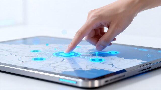 Hand interacting with digital map interface