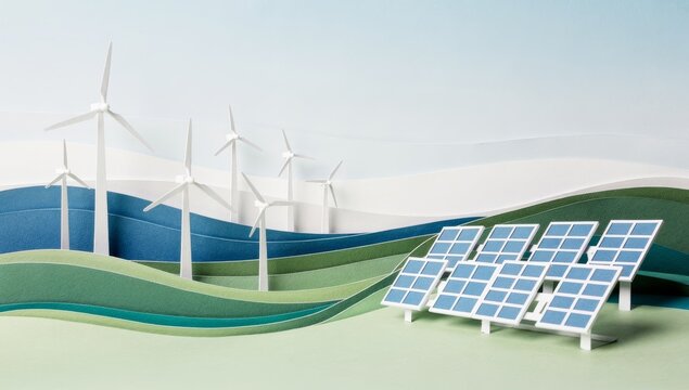 Paper cut illustration of renewable energy landscape with wind turbines and solar panels