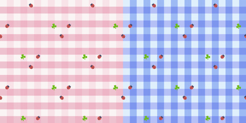 Cottagecore ladybug gingham seamless pattern set. Cute nursery plaid background with ladybirds and clover in pastel pink and blue colors for baby fabric and scrapbooking design. invitations, nursery © Oleksandra Mur
