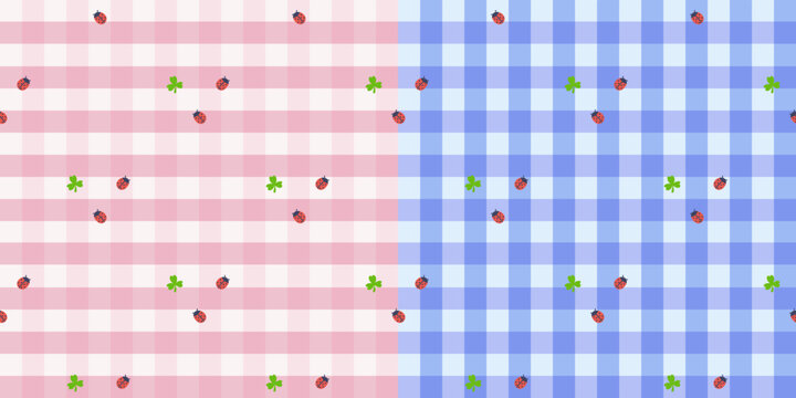 Cottagecore ladybug gingham seamless pattern set. Cute nursery plaid background with ladybirds and clover in pastel pink and blue colors for baby fabric and scrapbooking design. invitations, nursery