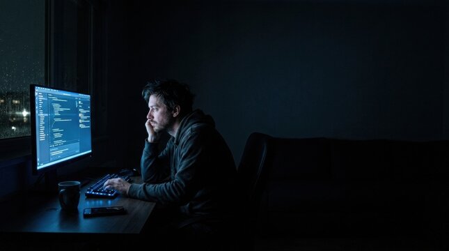 Person working at a desk looks at computer screen in a dim room while rain falls outside the window.