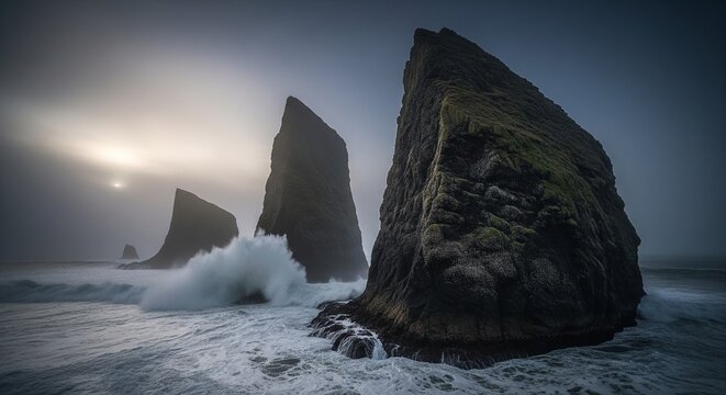 Dramatic ocean waves crashing against massive dark sea stack rocks on a foggy, stormy day