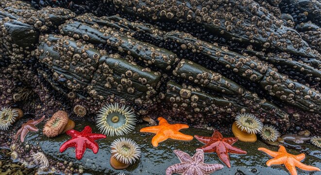 Bright red and orange starfish alongside round sea anemones attached to dark, wet rocks covered in small barnacles on the shoreline