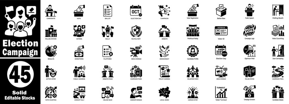 Election campaign solid icon collection. Featuring political rally symbols, voter registration, and democratic voting icons.