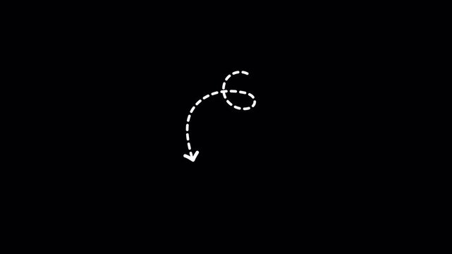 Animated white dashed arrow with loop pointing down. Seamless loop on transparent alpha channel for video editing and social media overlay. 4k Video