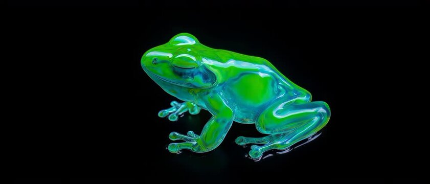 Surreal abstract frog formed by glowing viscous chartreuse and cyan bioluminescent liquid
