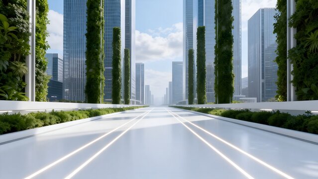 Futuristic urban avenue with vertical gardens