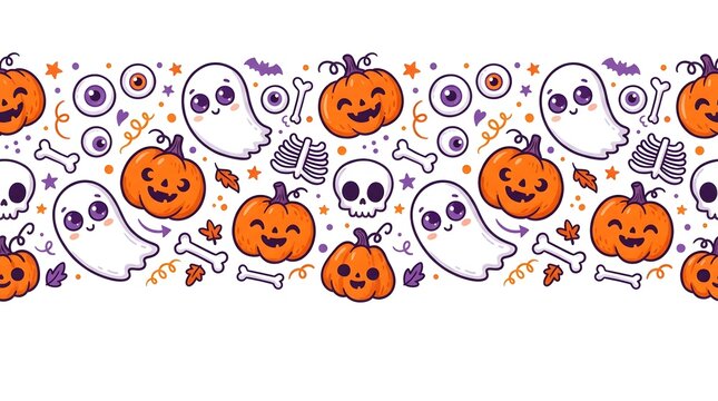 Seamless halloween pattern featuring cute ghosts pumpkins eyeballs bones and bats on a white background for festive designs