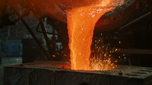 Molten glowing metal alloy pouring in a factory, heavy industry and metallurgy concept.