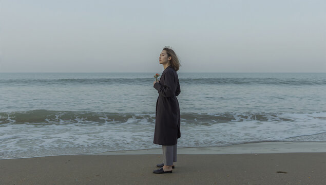 朝の海辺で花を持ち故人を思う日本人女性