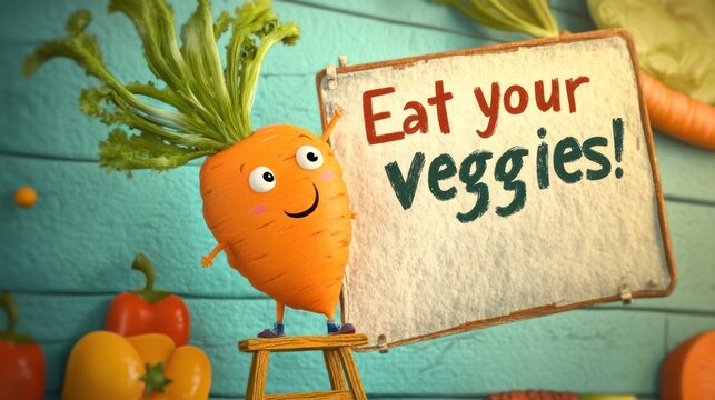 Cartoon carrot holding sign, healthy eating, kitchen background, kids concept, food promotion